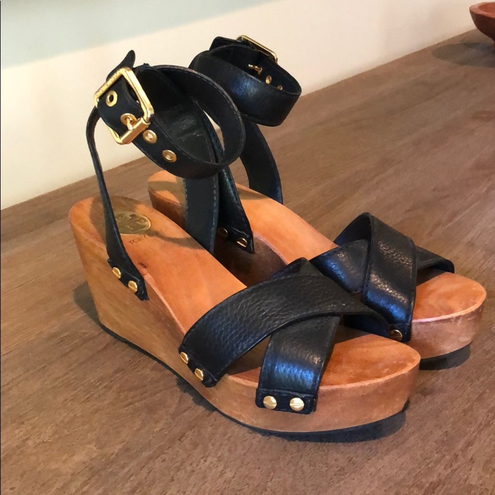 Tory Burch Wood Wedge and Black Leather Sandal